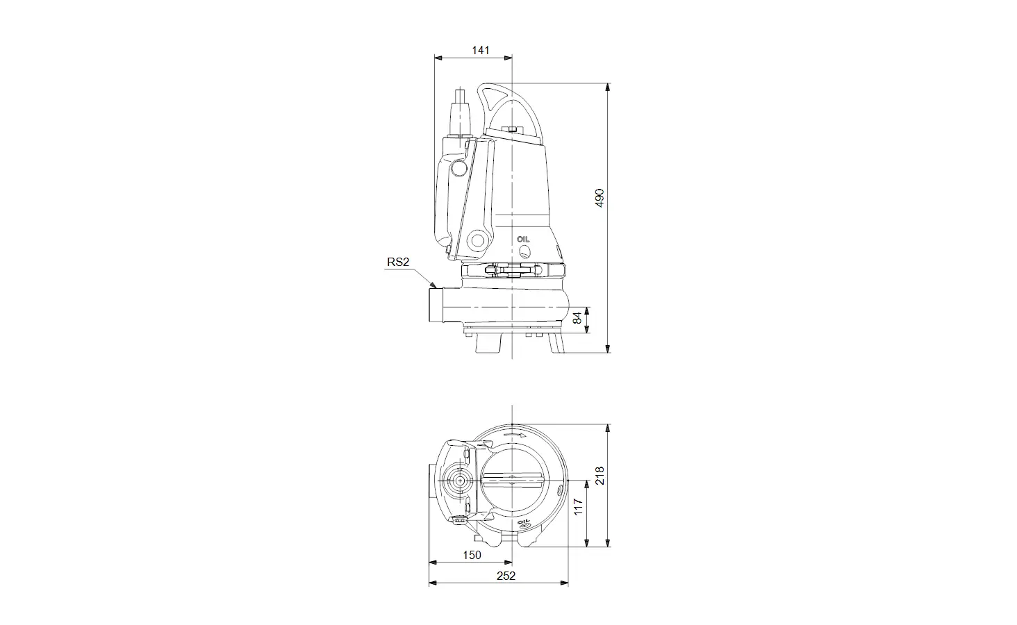 Tauchmotorpumpe von Grundfos, Schmutzwasserpumpe, auf technische Zeichnung abgebildet. Seiten- und Draufsicht mit Maßangaben und verschiedenen Elementen des Designs.