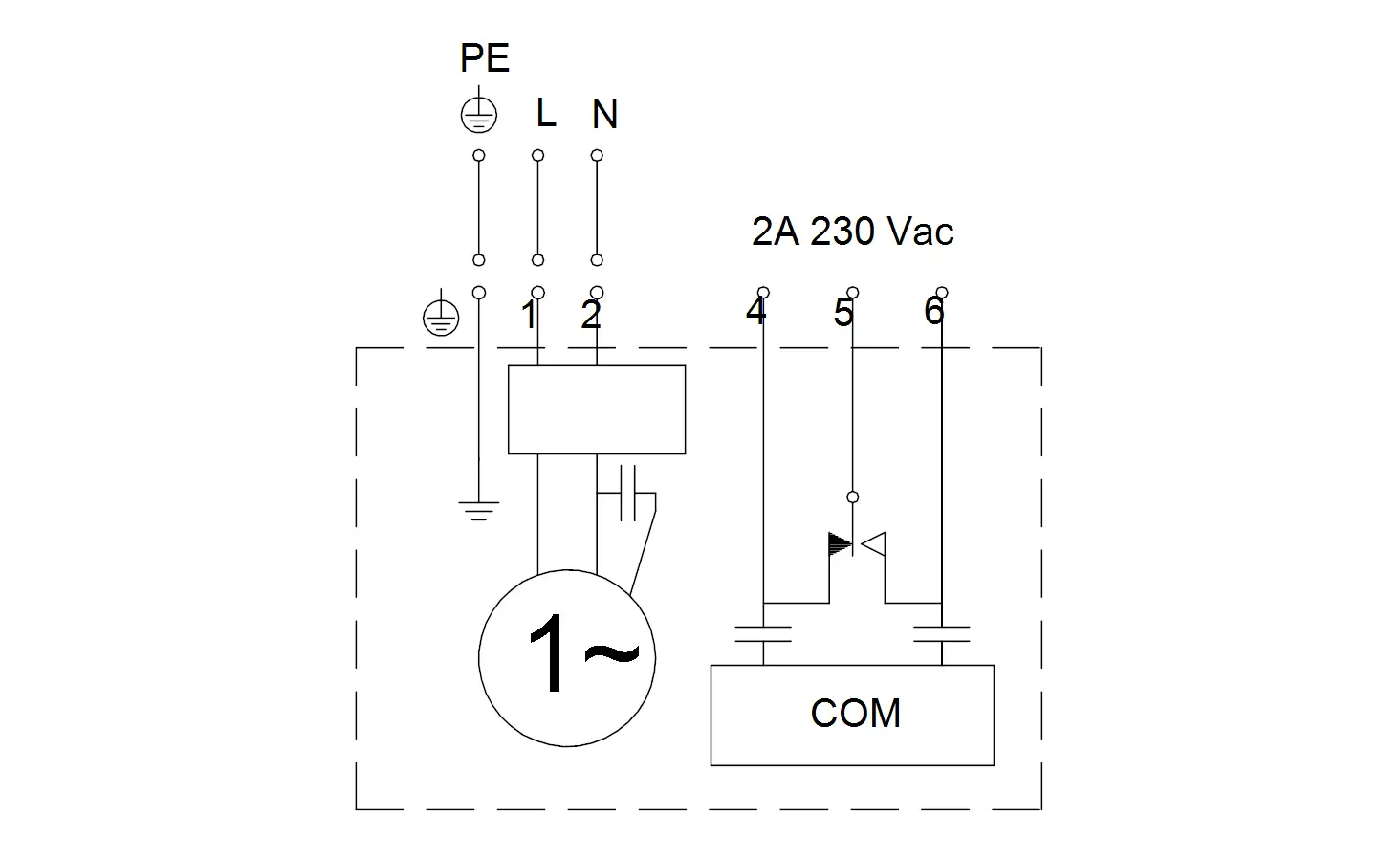 Schaltplan einer Tauchmotorpumpe von Grundfos mit Anschluss für 230 V und einem Schütz zur Steuerung, dargestellt in schematischer Form.