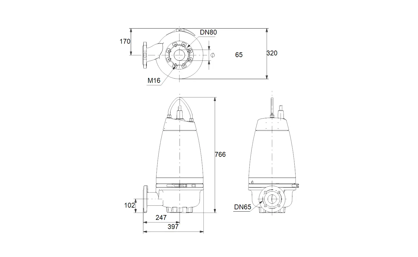 Tauchmotorpumpe von Grundfos mit einem SuperVortex-Laufrad. Technische Zeichnung zeigt Maße und Anschlüsse in verschiedenen Perspektiven.