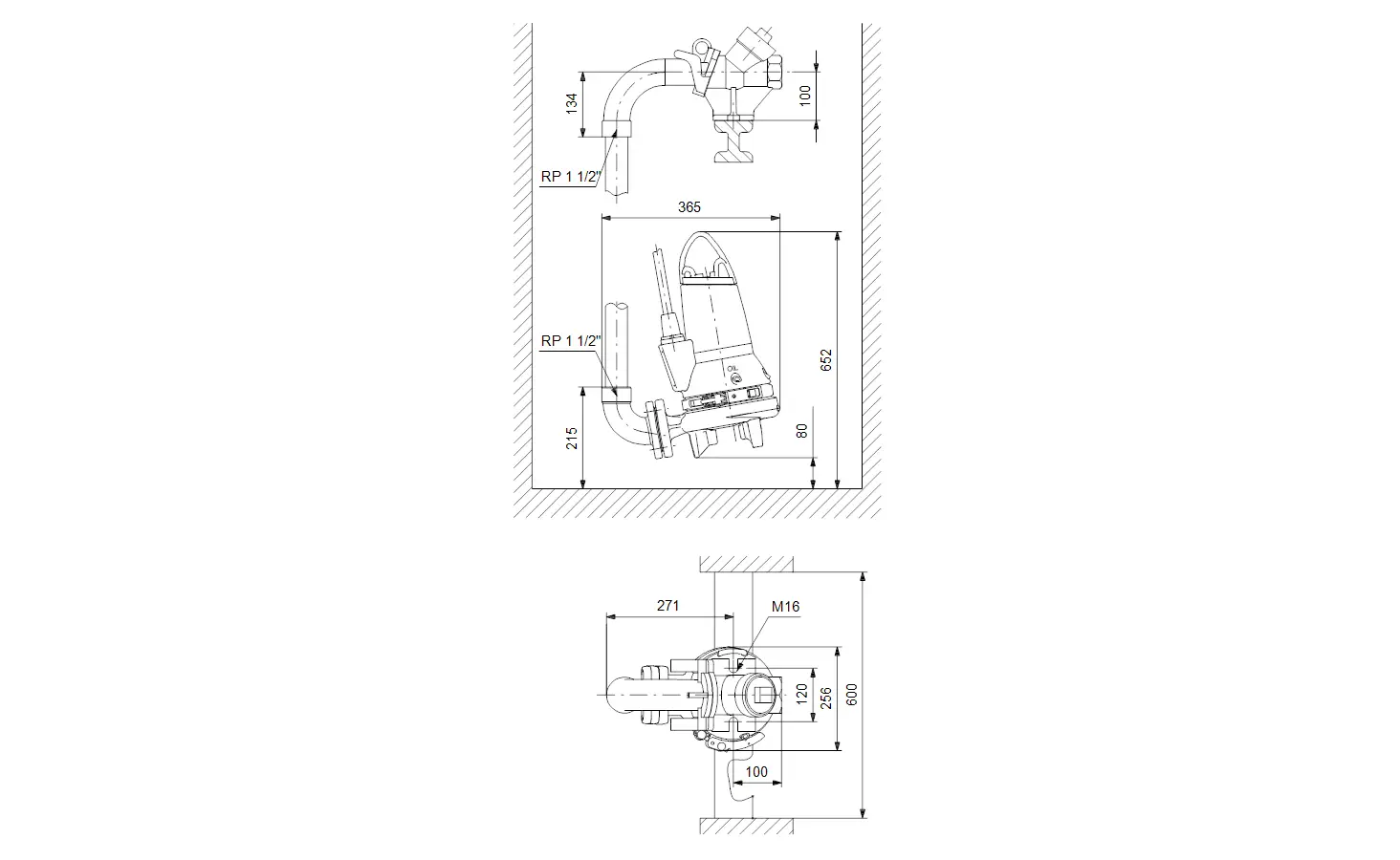 Grundfos Tauchmotorpumpe mit Schneidraddesign, Darstellung der seitlichen und oberen Ansicht, inklusive maßen und Anschlussdetails für die Installation.