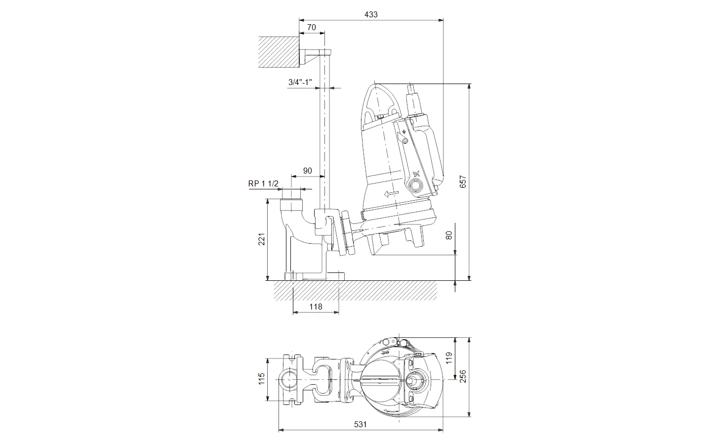 Technische Zeichnung einer Tauchmotorpumpe mit seitlicher Ansicht. Grundfos Logo auf dem Produkt sichtbar. Maße klar angezeigt, einschließlich Anschlussdetails.