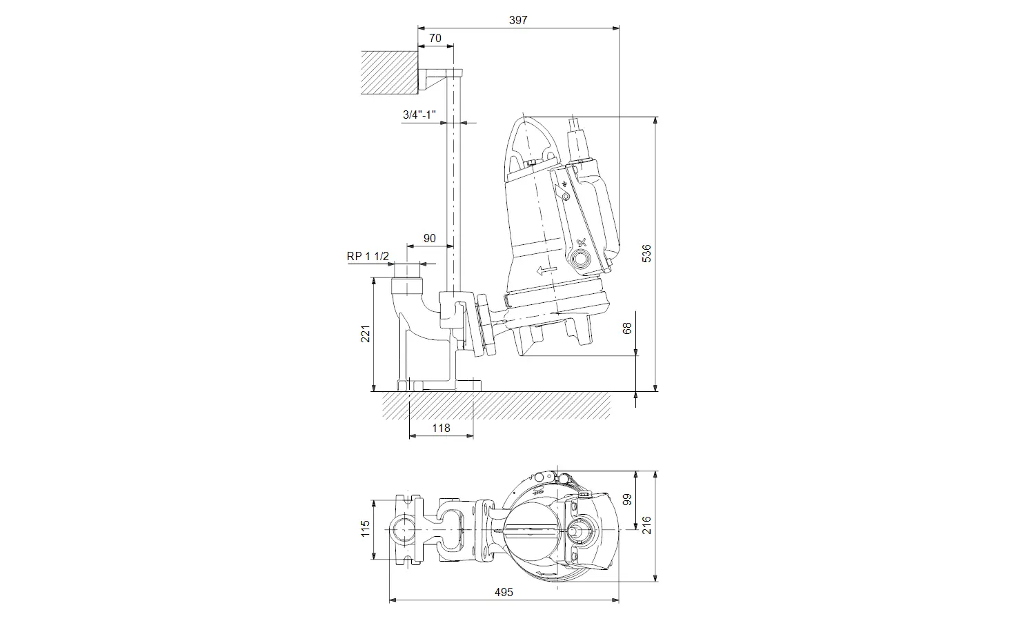 Tauchmotorpumpe von Grundfos mit seitlichem Anschluss und technischen Maßen, dargestellt in einem technischen Diagramm mit verschiedenen Ansichten und Abmessungen.