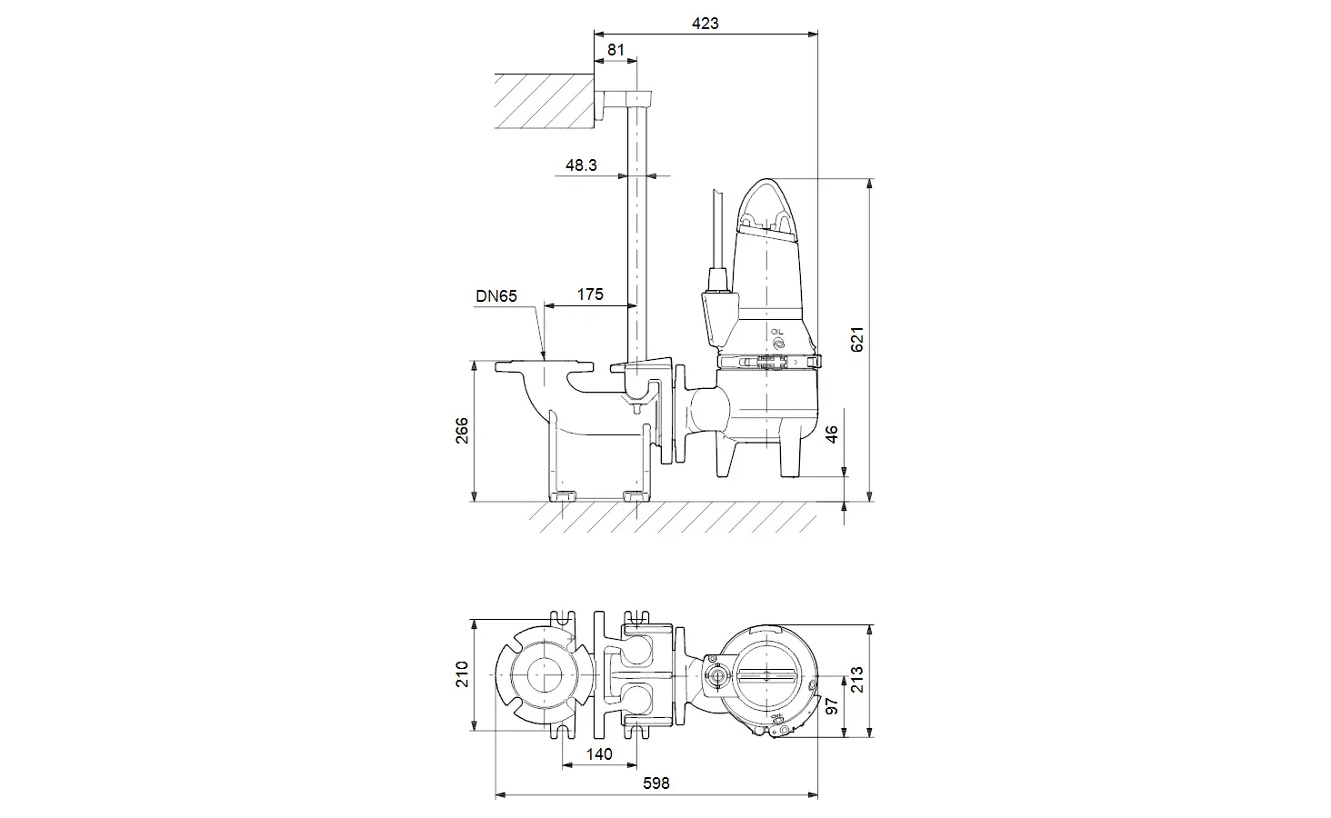 Schnittzeichnung einer Tauchmotorpumpe von Grundfos. Seitliche und oberflächliche Ansicht mit Maßangaben zur Konstruktion und Installation.