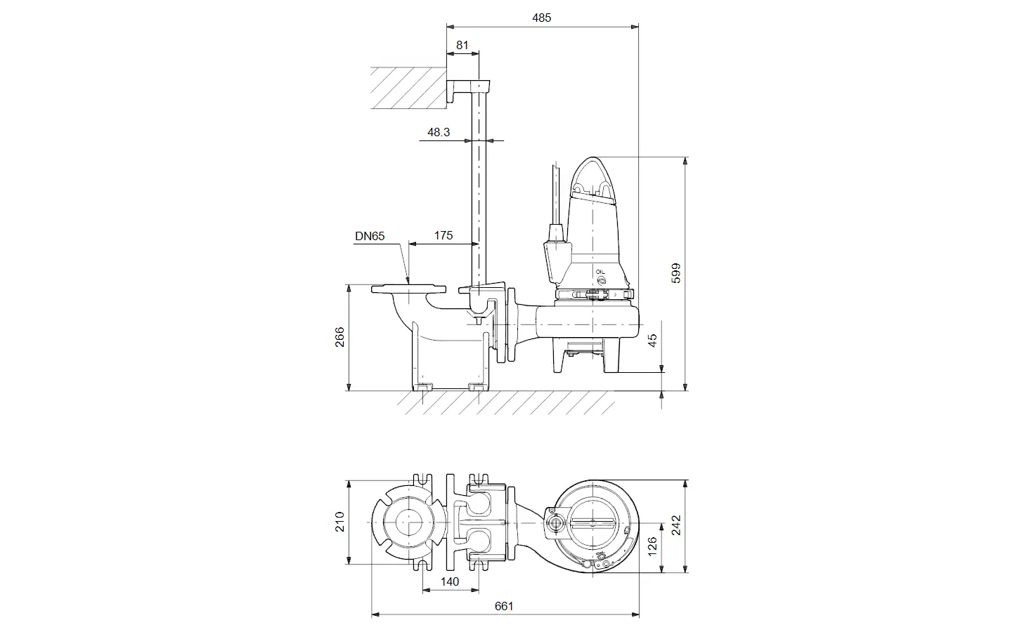Tauchmotorpumpe von Grundfos, schematische Darstellung mit Detailmaßen, inklusive seitlicher und oberer Ansicht. Mechanische Komponenten und Anordnung sind deutlich erkennbar.