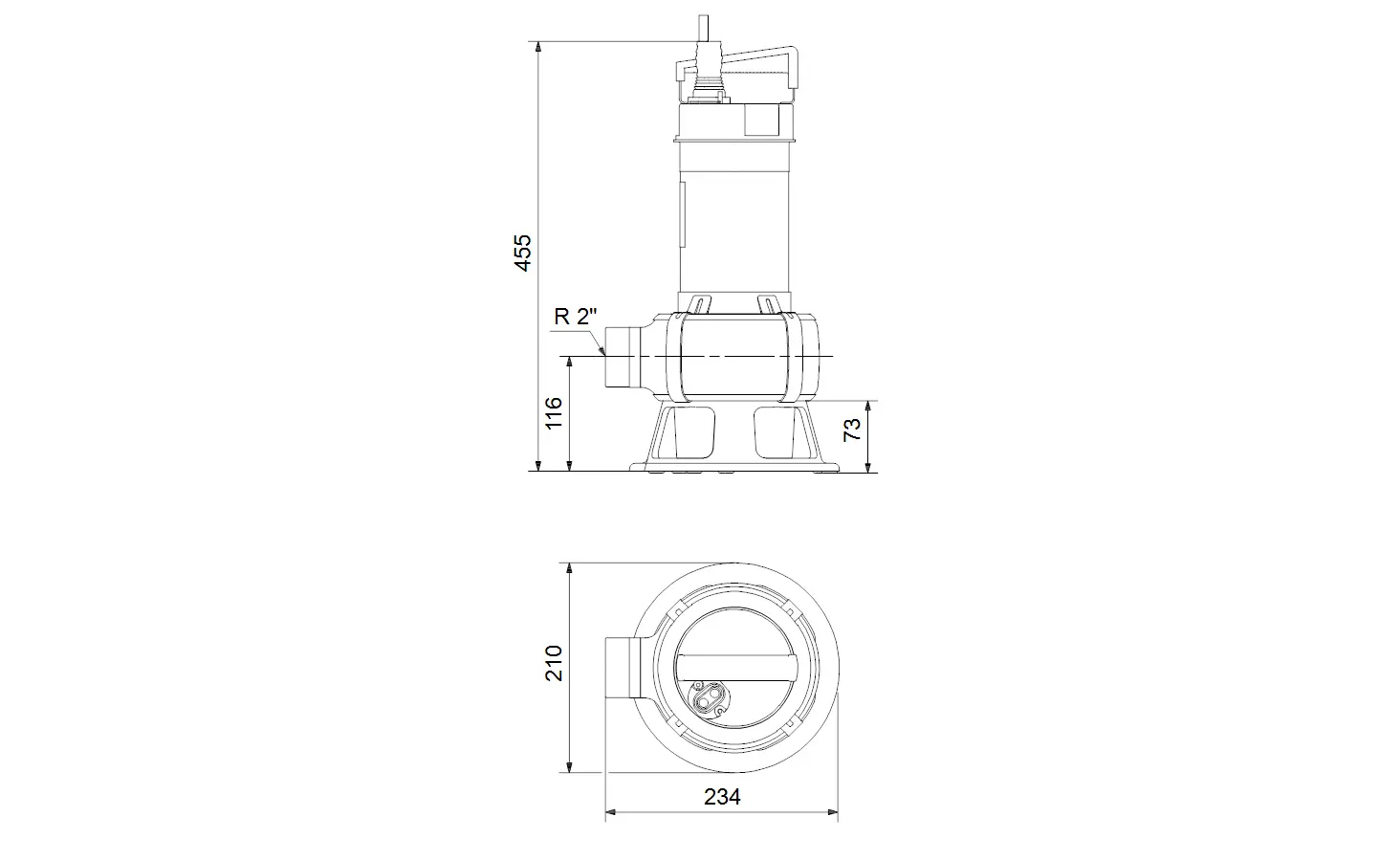 Edelstahl-Tauchmotorpumpe von Grundfos mit einem schlanken, vertikalen Design und zwei Anschlussmöglichkeiten. Maße klar im technischen Zeichnungsformat dargestellt.