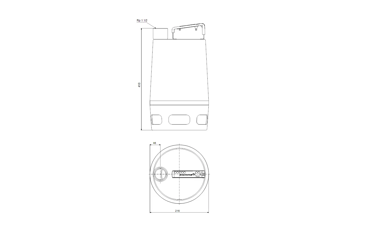 Vertikale Edelstahl-Tauchmotorpumpe von Grundfos mit Kühlmantel, dargestellt in Seiten- und Draufsicht. Technische Details sind sichtbar.