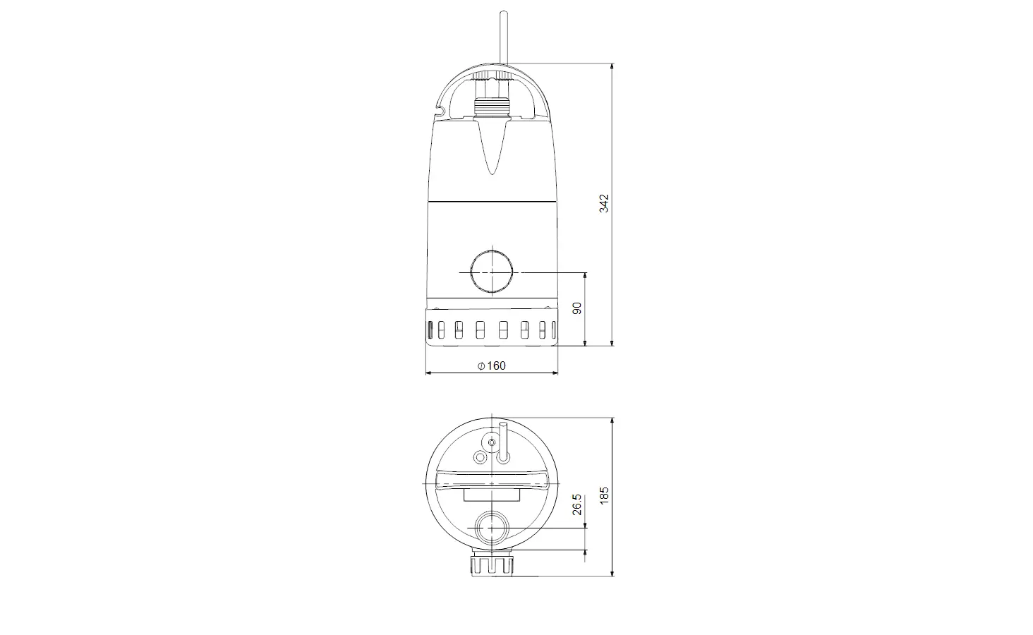 Grundfos Tauchmotorpumpe mit einem zylindrischen Gehäuse. Abmessungen und Anschlüsse sind im technischen Zeichnungsstil dargestellt, einschließlich der Rundöffnung mit 160 mm Durchmesser.