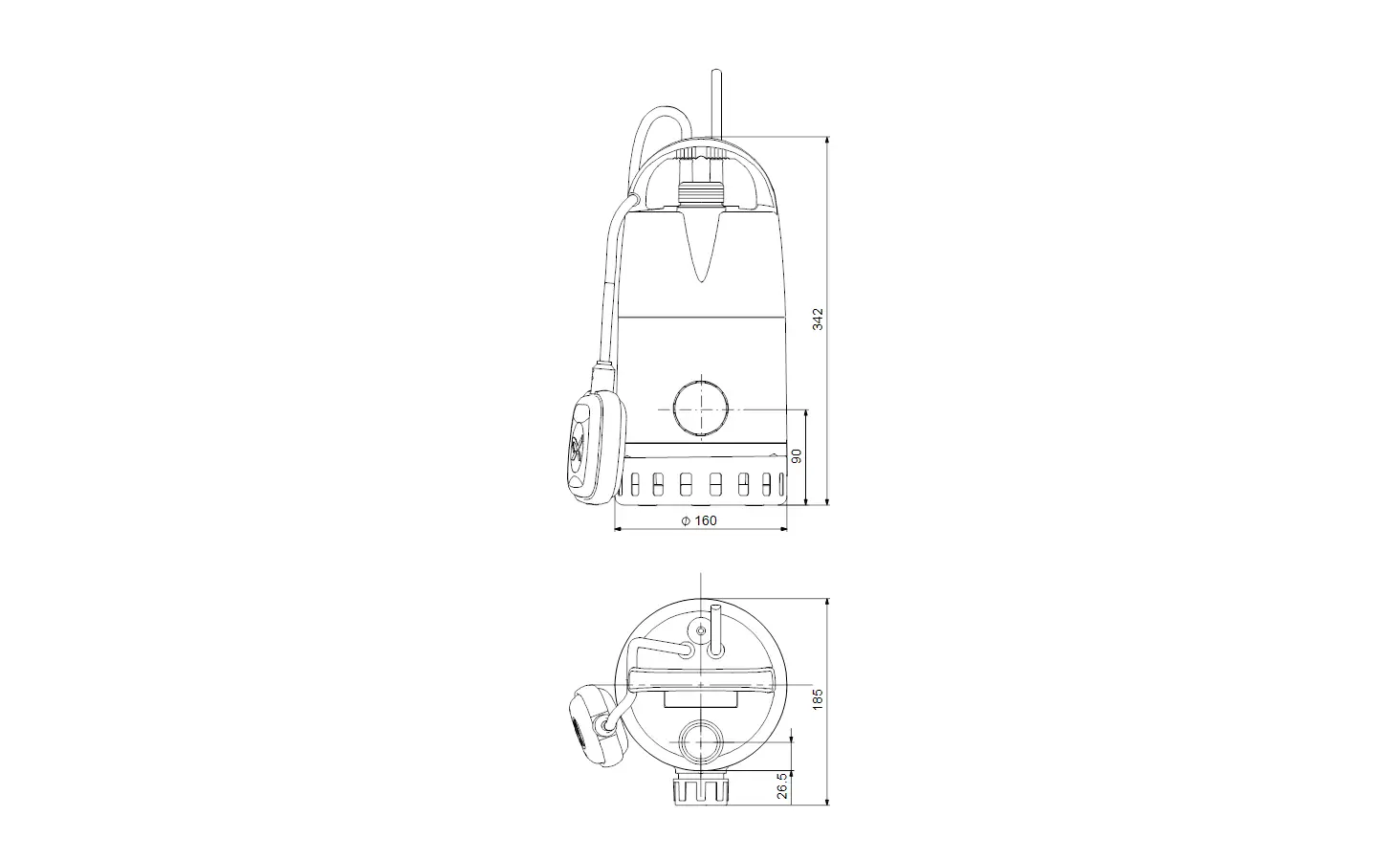 Tauchmotorpumpe von Grundfos mit vertikalem Design, ausgestattet mit einem Kabel und Steuerung, für den Einsatz in der Kellerentwässerung. Maße und spezifische Details sind nicht sichtbar.