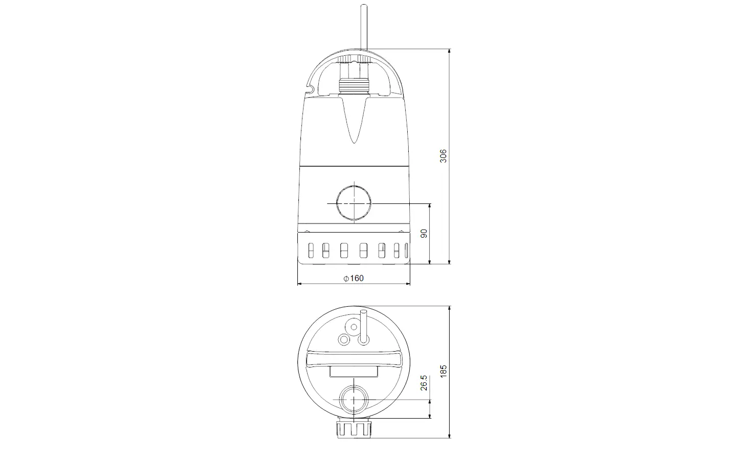 Tauchmotorpumpe von Grundfos, technische Zeichnung mit Ansicht von vorne und unten, Maße und Details zur Befestigung sichtbar.