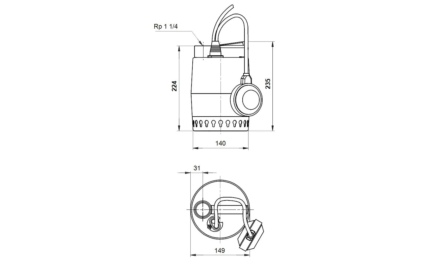 Schemazeichnung einer Tauchmotorpumpe von Grundfos mit technischen Details. Ansicht von vorne und oben, zeigt Maße und Anschlussmöglichkeiten.