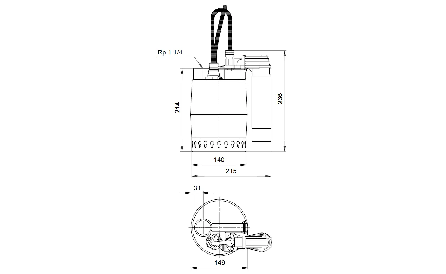 Tauchmotorpumpe von Grundfos mit einer zulaufenden Anschlussleitung. Oben liegende Anschlussmöglichkeiten und ein kompaktes Design zur Kellerentwässerung.