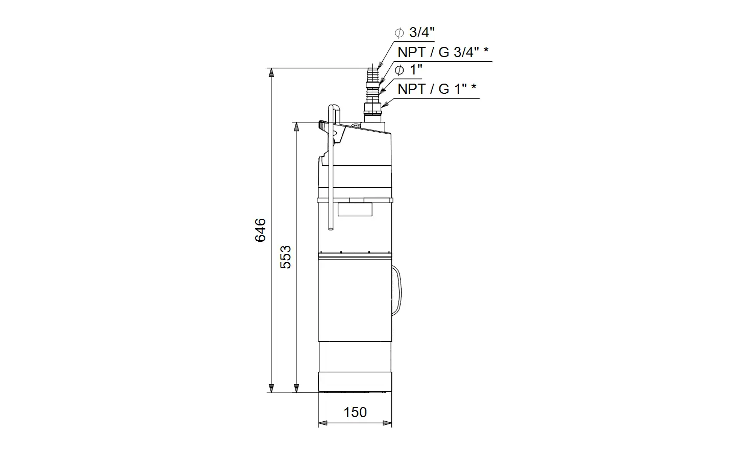 Schnittzeichnung einer Unterwasserpumpe von Grundfos mit seitlichem Anschluss und verschiedenen Gewindegrößen. Technische Details sind in Millimetern angegeben.