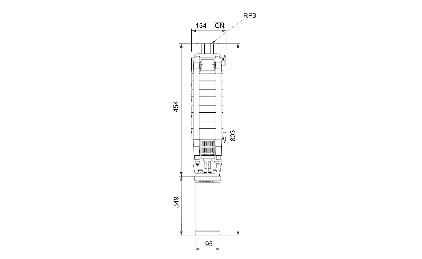Vertikale Brunnenpumpe von Grundfos mit einem schlanken Design und verschiedenen Maßnahmen zur Wasserförderung. Technische Details sind nicht angegeben.
