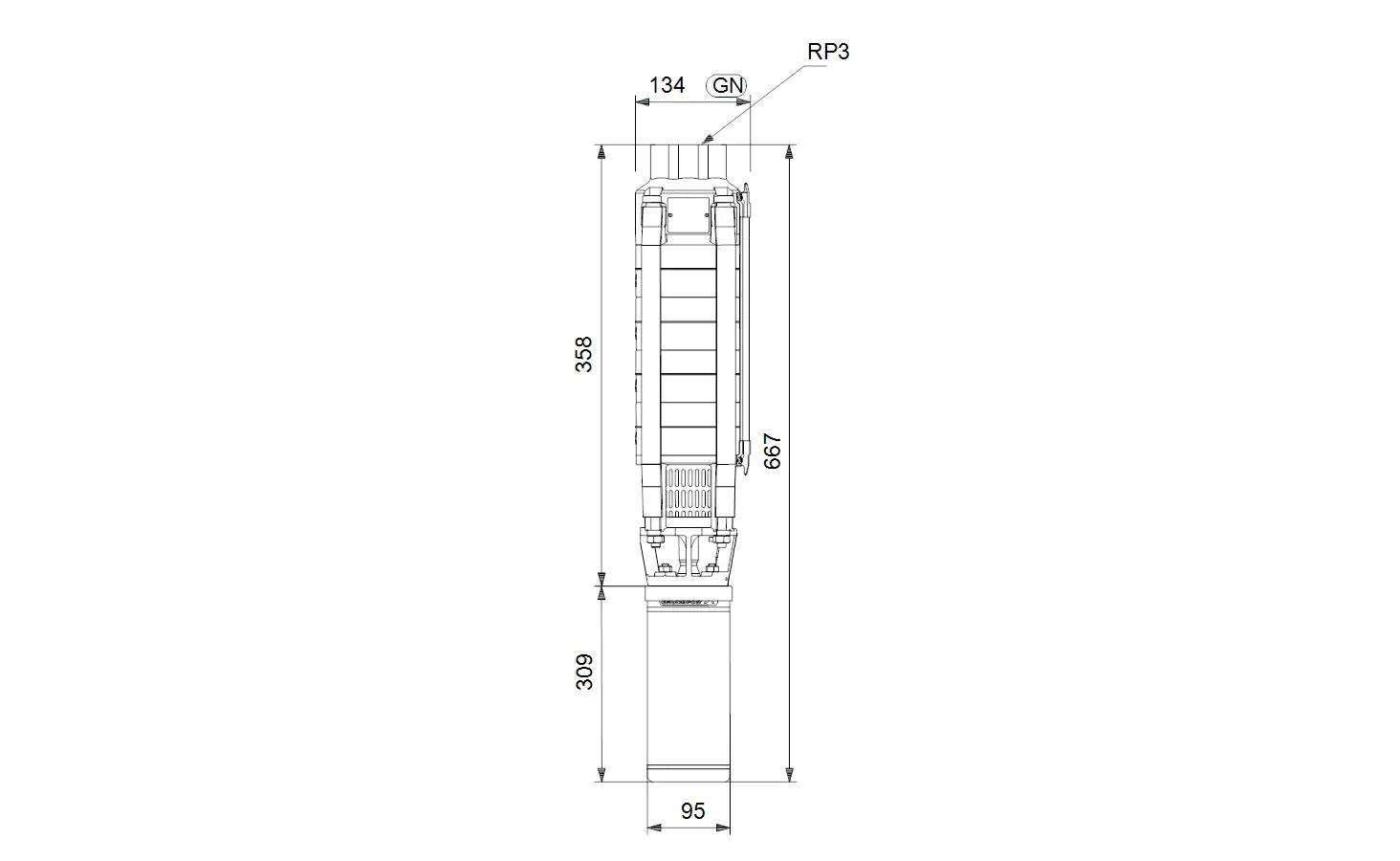 Vertikale Grundfos Brunnenpumpe mit einem schlanken Design und sichtbaren technischen Komponenten. Deutlich erkennbare Maße und Struktur auf der technischen Zeichnung.