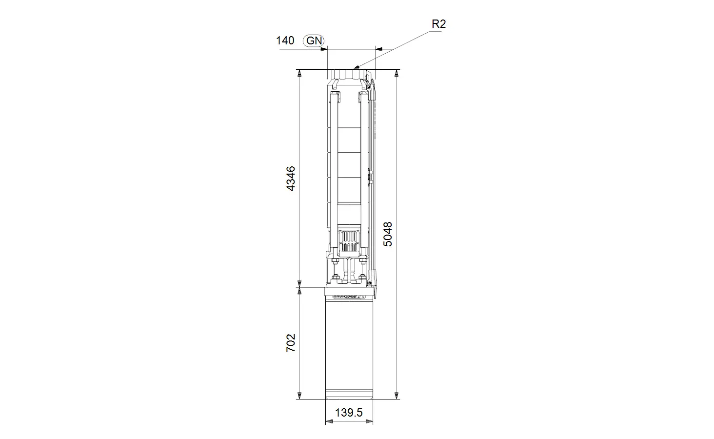 Technische Zeichnung einer Brunnenpumpe von Grundfos mit vertikalem Design, Bemaßungen und entsprechenden Details zur Konstruktion.