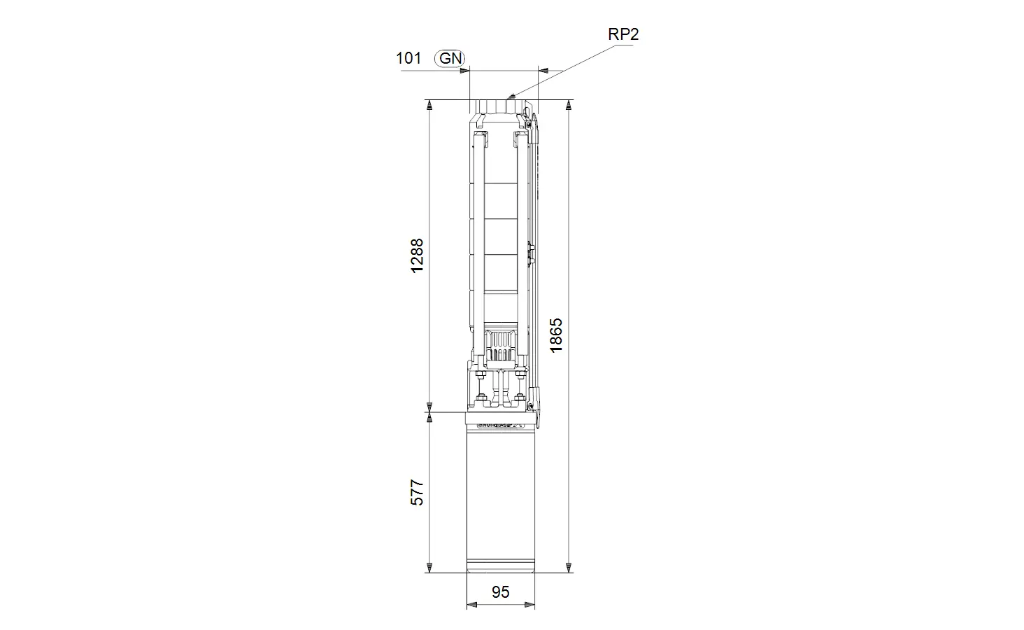 Schematische Darstellung einer Brunnenpumpe mit vertikaler Bauweise von Grundfos. Maße und Details sind gekennzeichnet, einschließlich Montagepunkte und Anschlussstellen.
