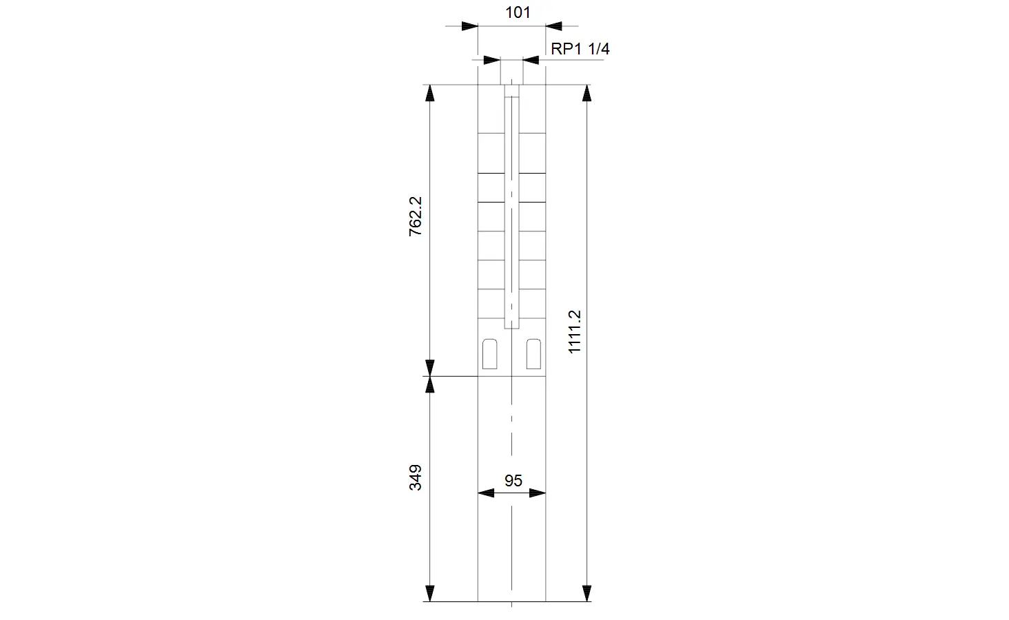 Schematische Darstellung einer Brunnenpumpe von Grundfos mit technischen Maßangaben und Anschlüssen in einem klaren Design.