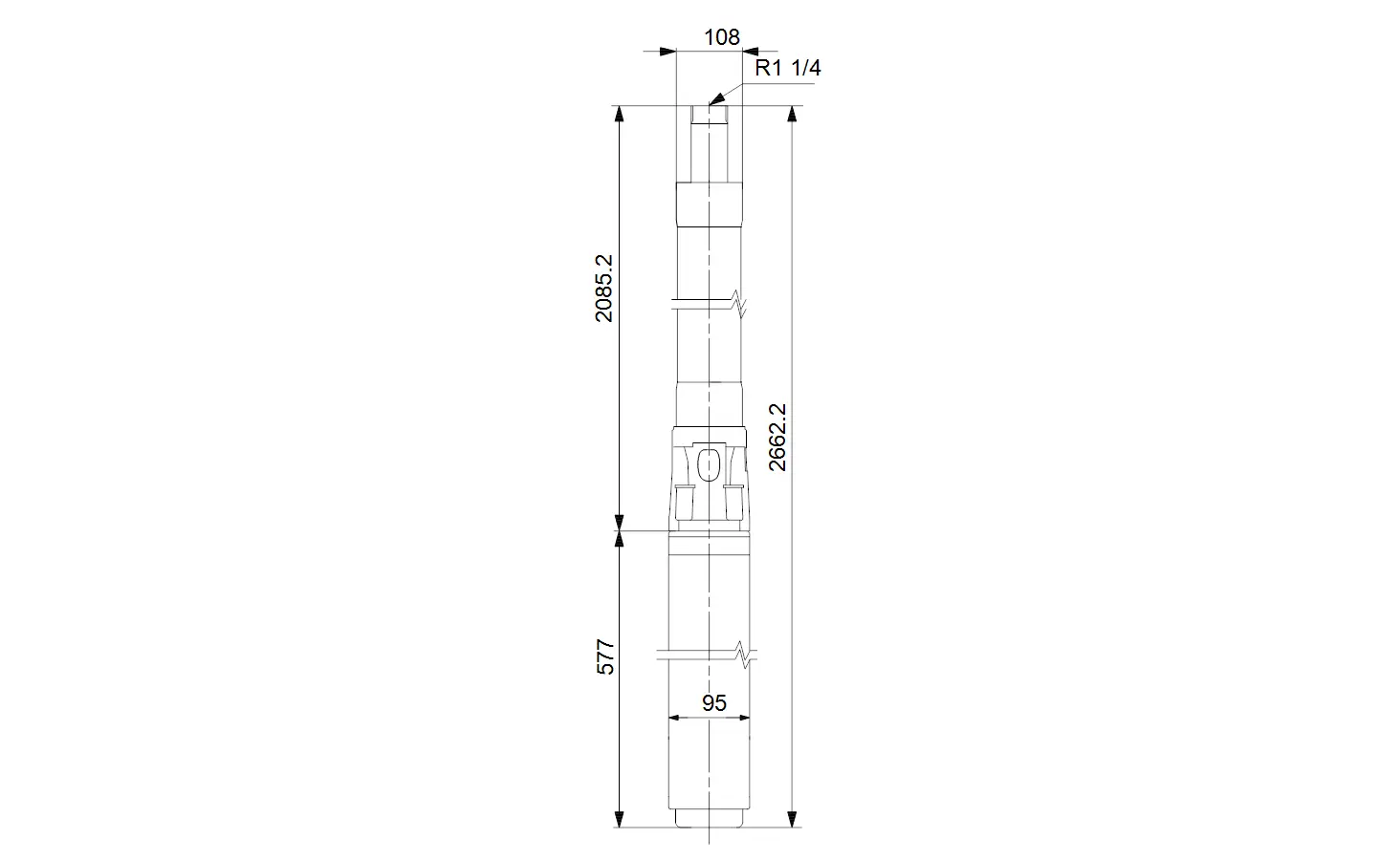 Vertikale Grundfos Brunnenpumpe mit mehreren Segmenten und Abmessungen, dargestellt in Seitenansicht. Technische Details sind klar markiert.