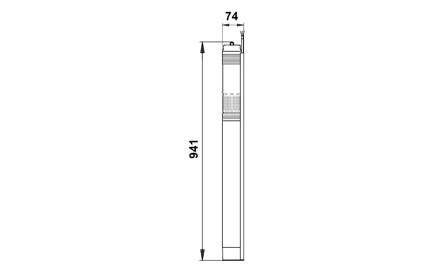 Vertikale Brunnenpumpe von Grundfos mit einem länglichen, schmalen Design. Die Abmessungen sind in einer technischen Zeichnung dargestellt.