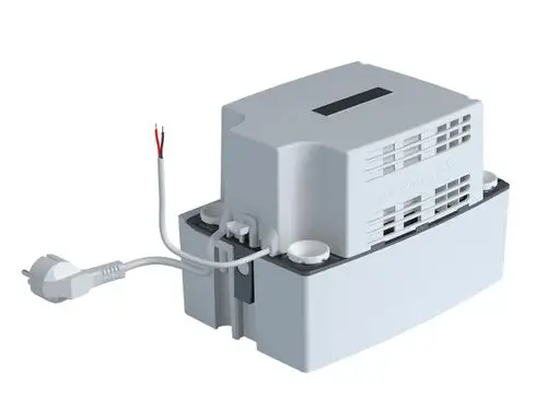 Weiße Kondensathebeanlage mit mehreren Anschlussmöglichkeiten und einem Stromkabel, hergestellt von Grundfos.