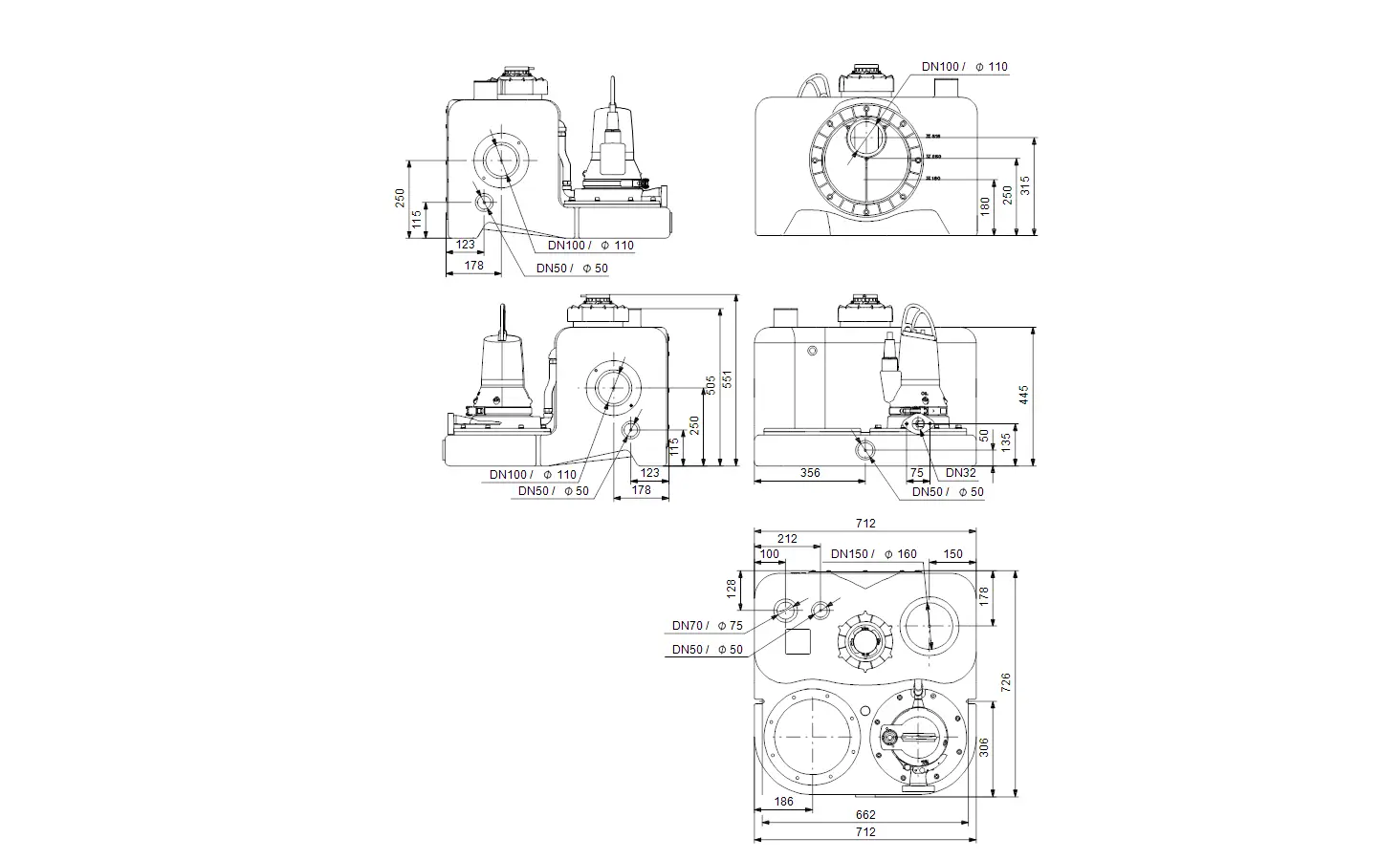 Schematische Darstellung einer Hebeanlage von Grundfos mit technischen Details und Maßen in mehreren Ansichten, um Design und Konstruktion zu veranschaulichen.