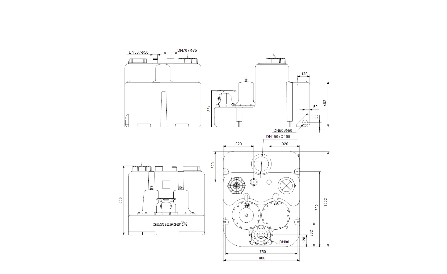 Zeichnung einer Hebeanlage von Grundfos mit verschiedenen Ansichten und Maßangaben, dargestellt in technischen Skizzen.
