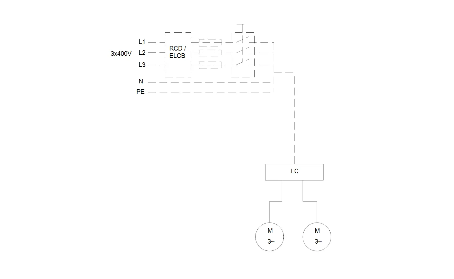 Schematische Darstellung einer elektrischen Schaltung mit 3-phasigem Anschluss, RCD/ELCB und zwei Motoren, hergestellt von Grundfos.