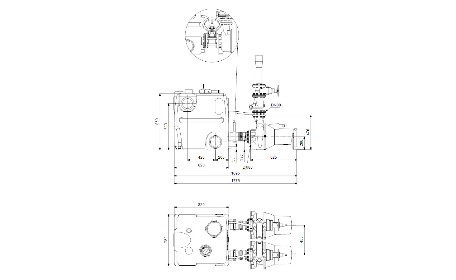 Schematische Darstellung einer Hebeanlage, vermutlich von Grundfos, mit Maßangaben und technischen Details. Das Diagramm zeigt anschaulich die Anordnung der Komponenten.