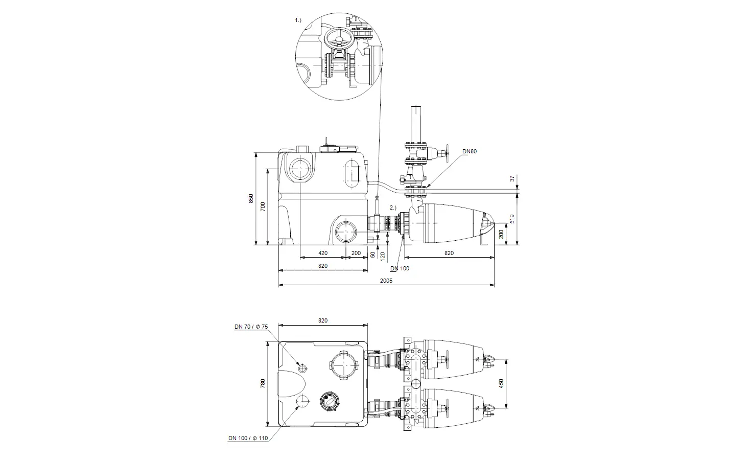 Schematische Darstellung einer Abwasserhebeanlage von Grundfos mit unterschiedlichen Anschluss- und Montagepunkten, einschließlich detaillierter Maße und Anordnung der Komponenten.