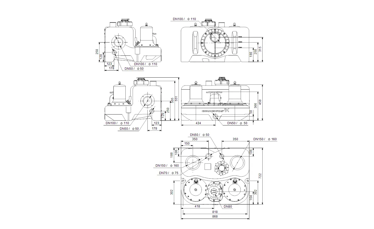 Technische Zeichnung einer Abwasserhebeanlage von Grundfos, einschließlich Detailansichten und Abmessungen. Komponenten sind schematisch angeordnet.