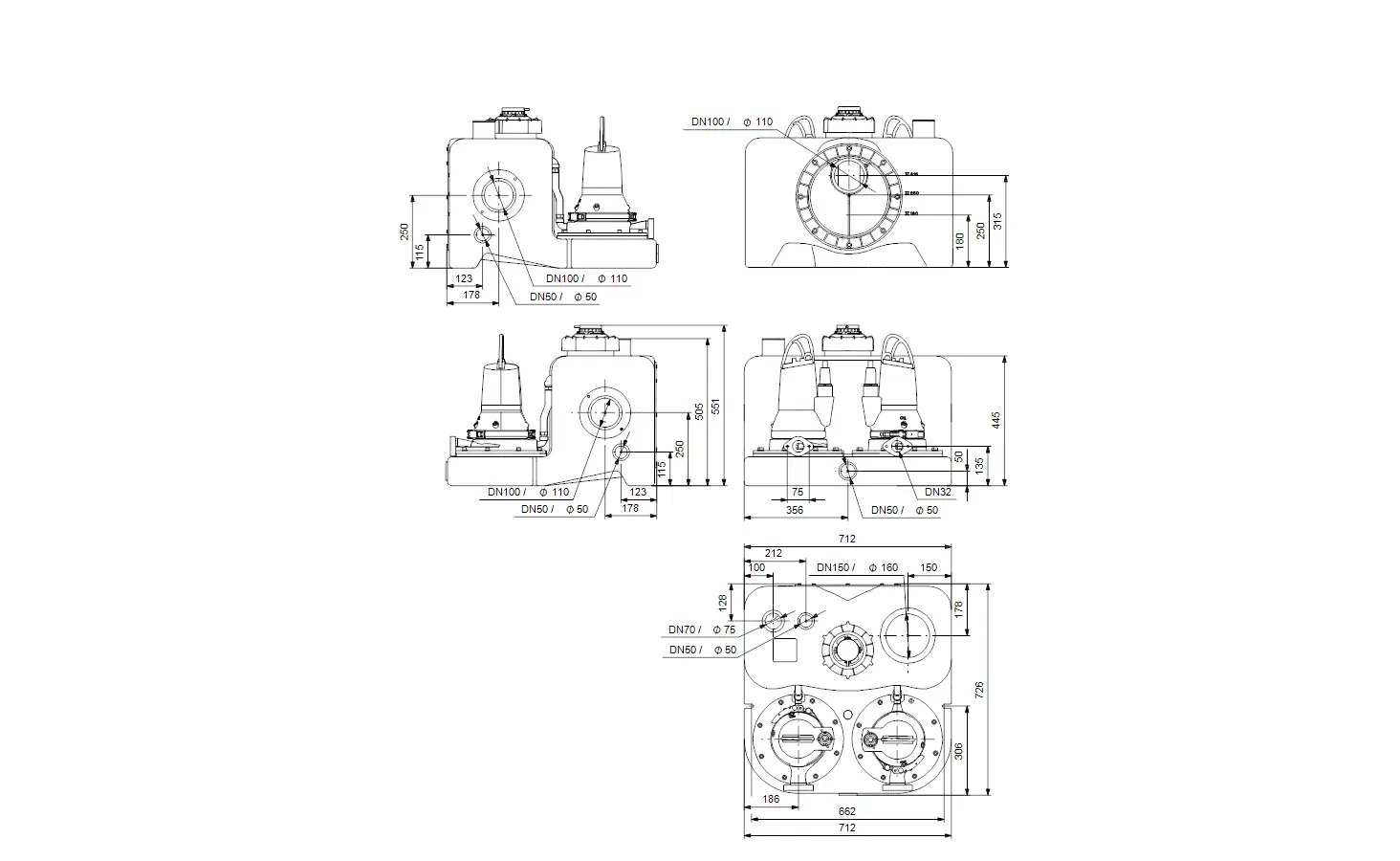Schematische Darstellung einer Hebeanlage von Grundfos mit verschiedenen Ansichten und Maßen, einschließlich Anschlüssen und Komponenten.