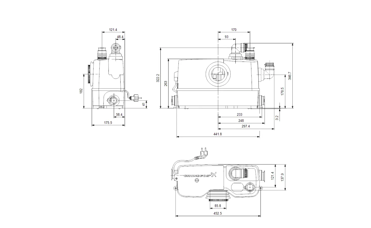 Hebeanlage von Grundfos in Seitenansicht mit sichtbaren Anschlussstellen. Maßzeichnungen zeigen die Dimensionen und Konstruktion.