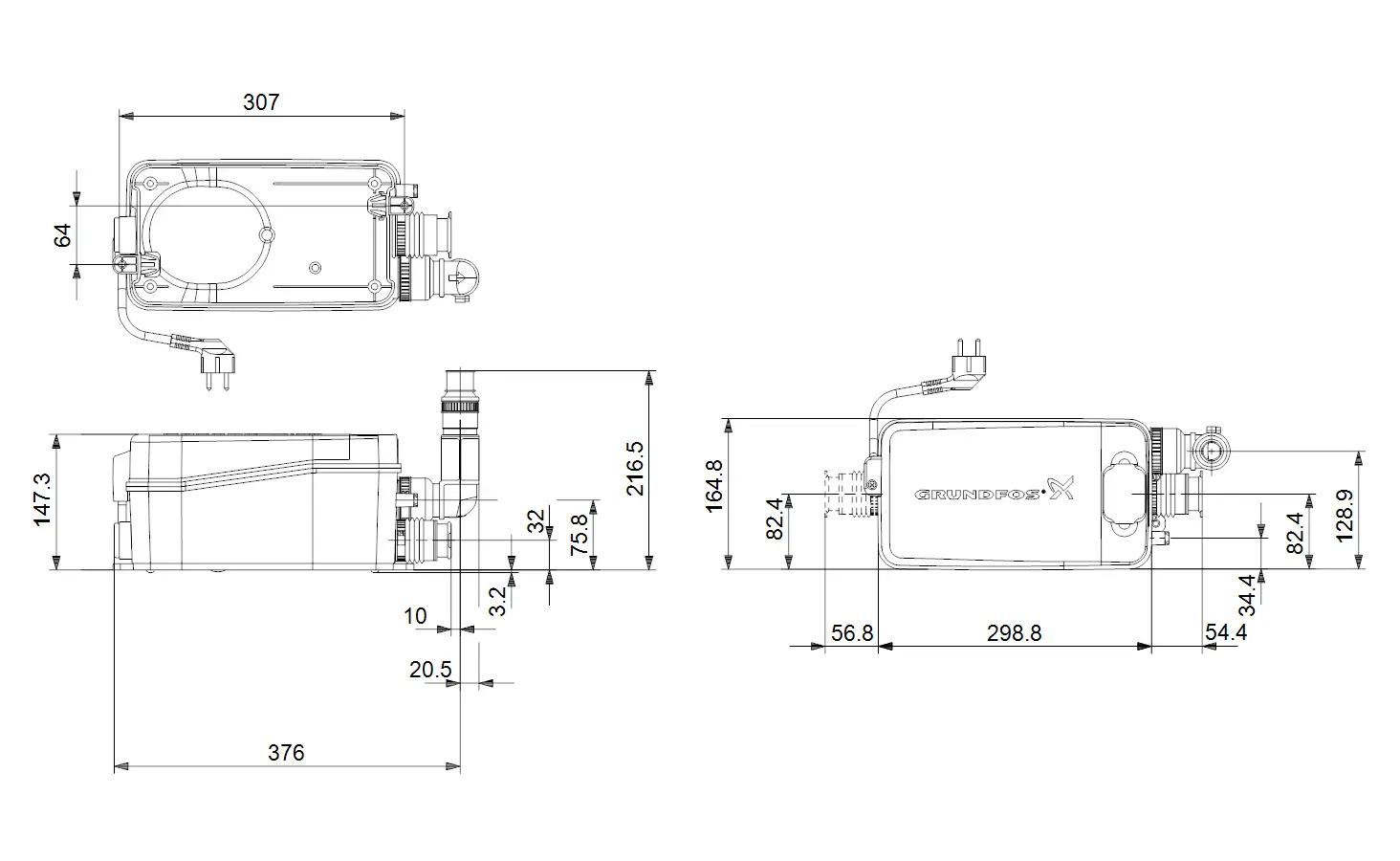 Grundfos Hebeanlage in technischer Zeichnung, seitliche und obere Ansicht mit Maßangaben zu Anschluss, Gehäuse und elektrischer Verbindung.