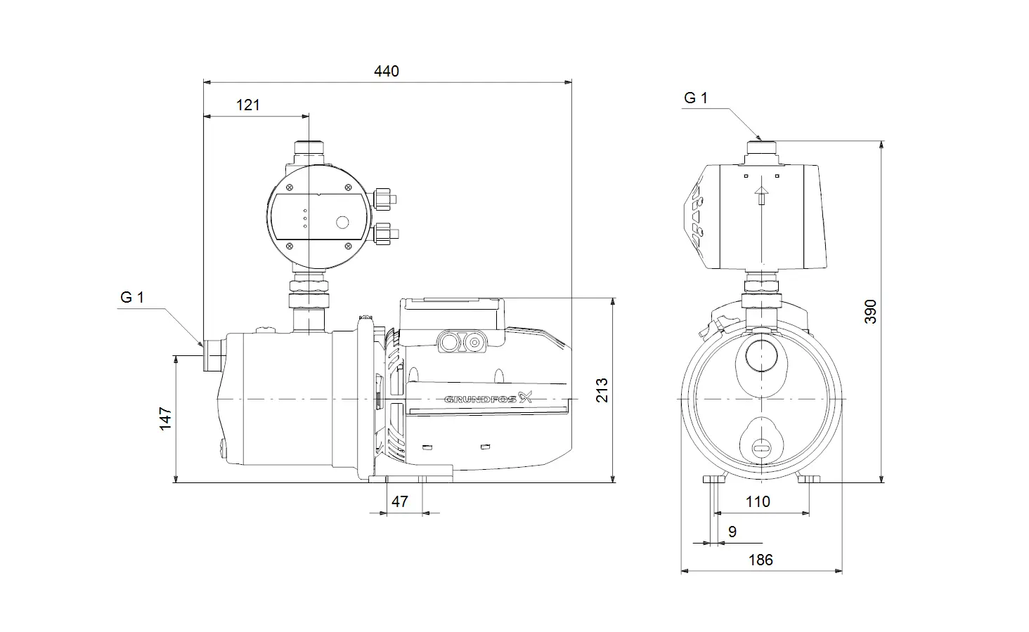 Zeichnung einer Grundfos Gartenpumpe mit technischen Dimensionen, seitliche und frontale Ansicht, und sichtbaren Anschlussgrößen.