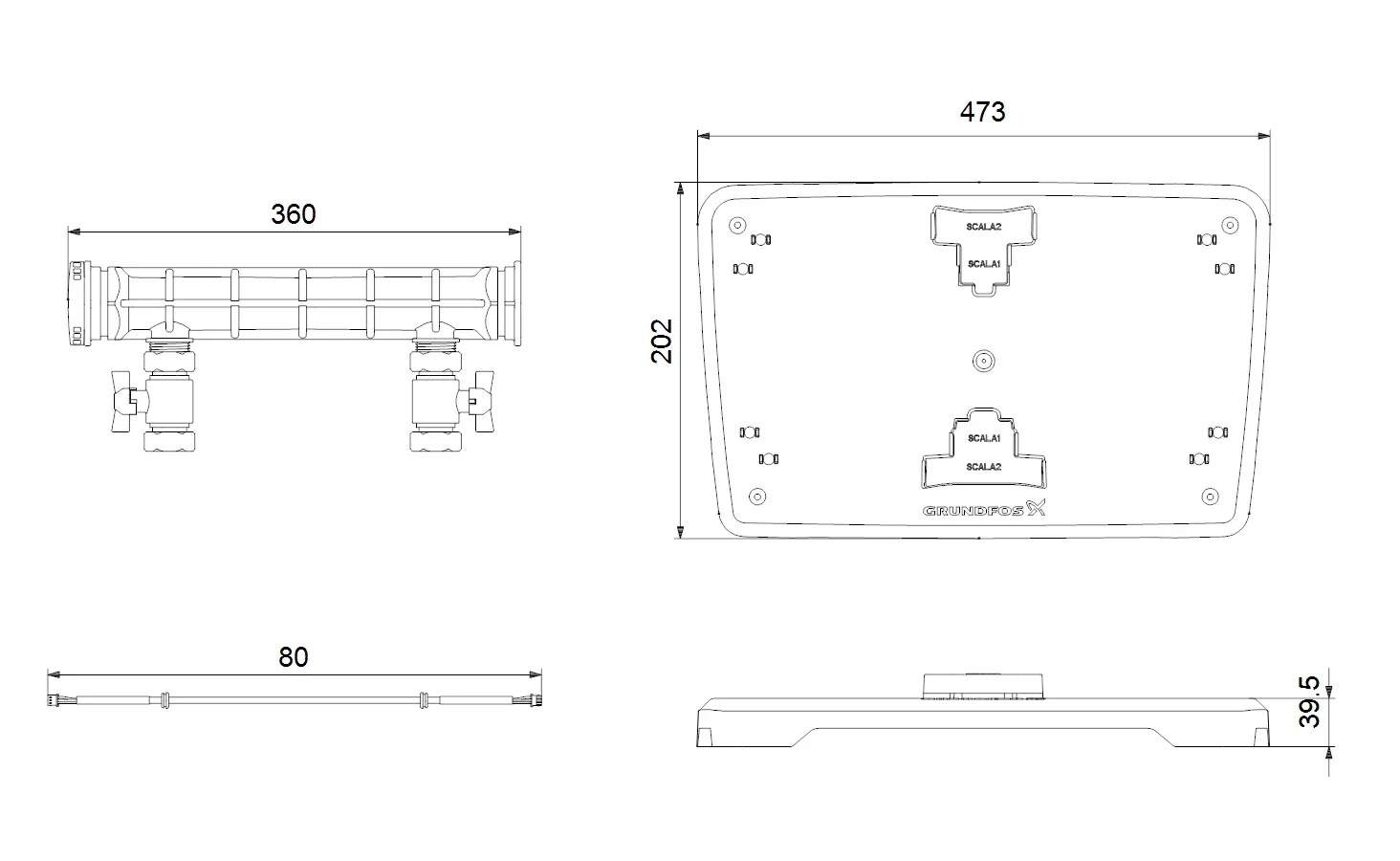 Technische Zeichnung eines Montagezubehörs von Grundfos für die SCALA Twin Druckerhöhungsanlage, mit Maßen und Montagehinweisen.