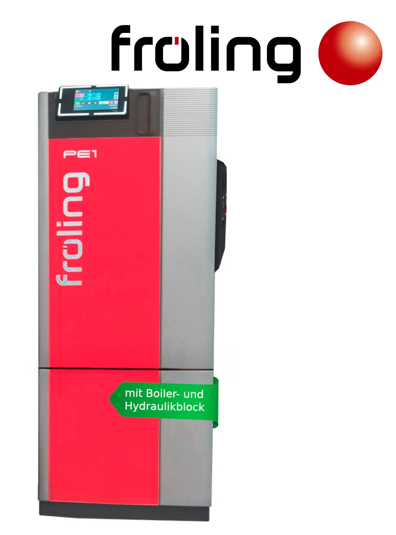 Fröling Pelletkessel mit roter und grauer Front, ausgestattet mit einem berührungsempfindlichen Display und integriertem Boiler- und Hydraulikblock.