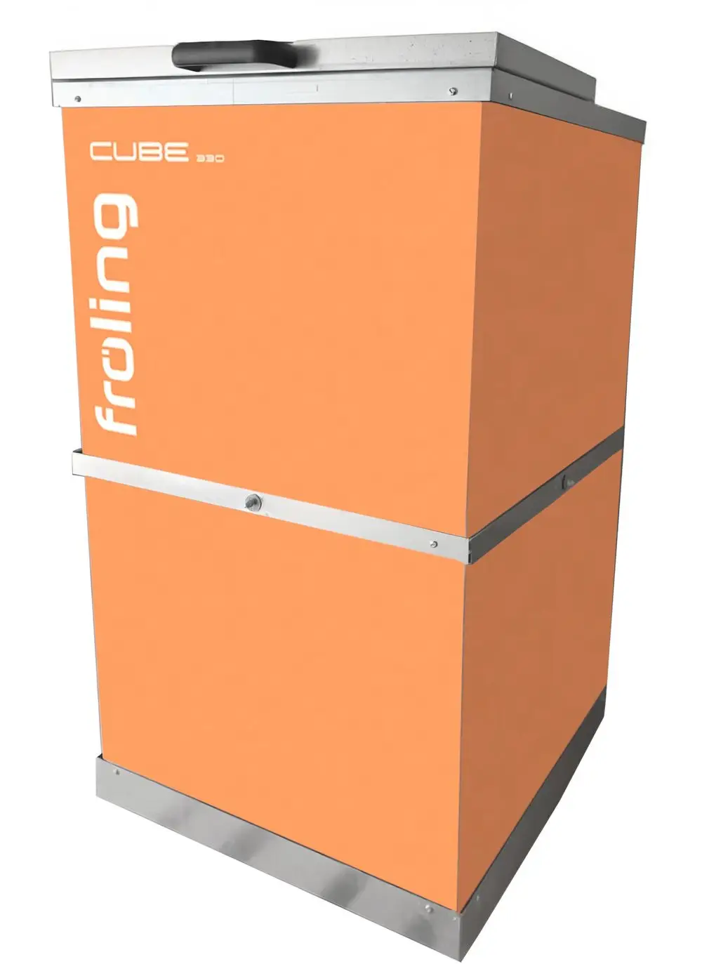 Pellets Vorratsbehälter in orange mit Fröling-Logo, rechteckige Form und verstellbarem Deckel, für die Lagerung von Holzpellets.