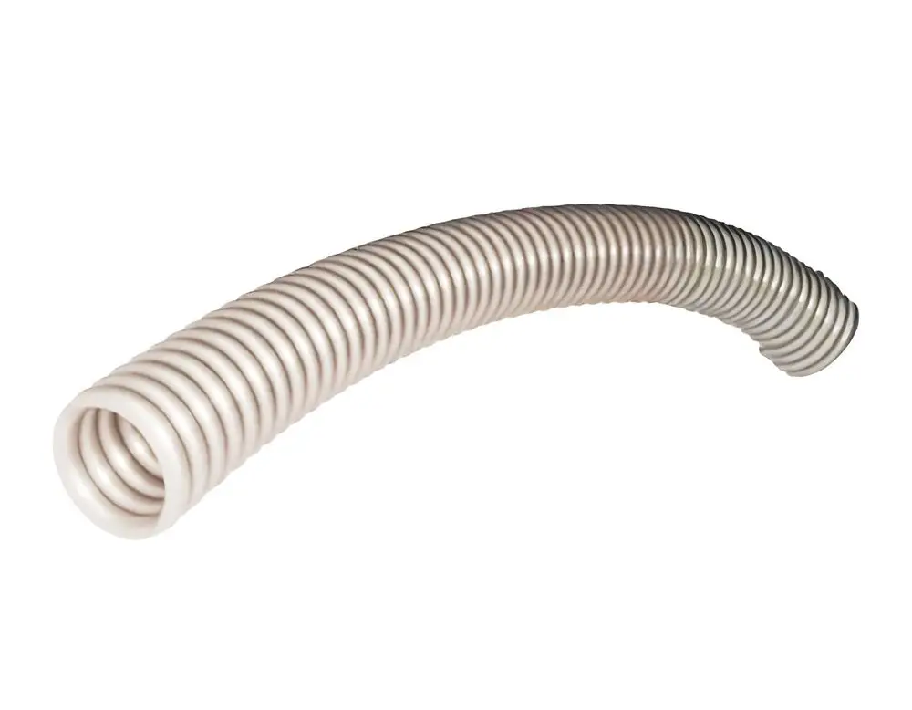 Saugschlauch in spiralförmiger Ausführung, geeignet für den Transport von Luft oder Flüssigkeiten, hergestellt von Fröling.