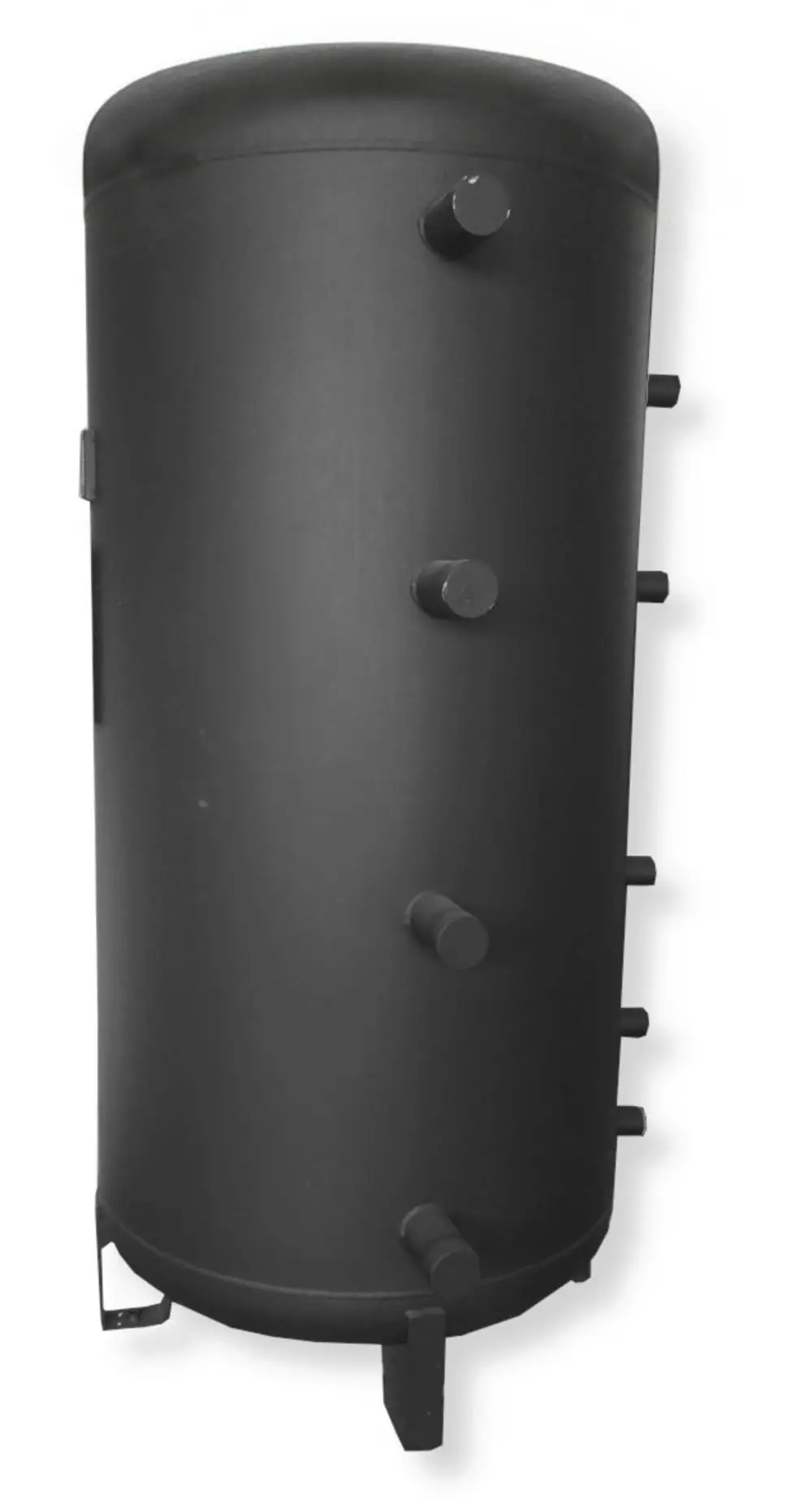 Schwarzer zylindrischer Schichtspeicher von Fröling mit mehreren seitlichen Anschlüssen, ohne Isolierung, auf einem stabilen Standfuß montiert.
