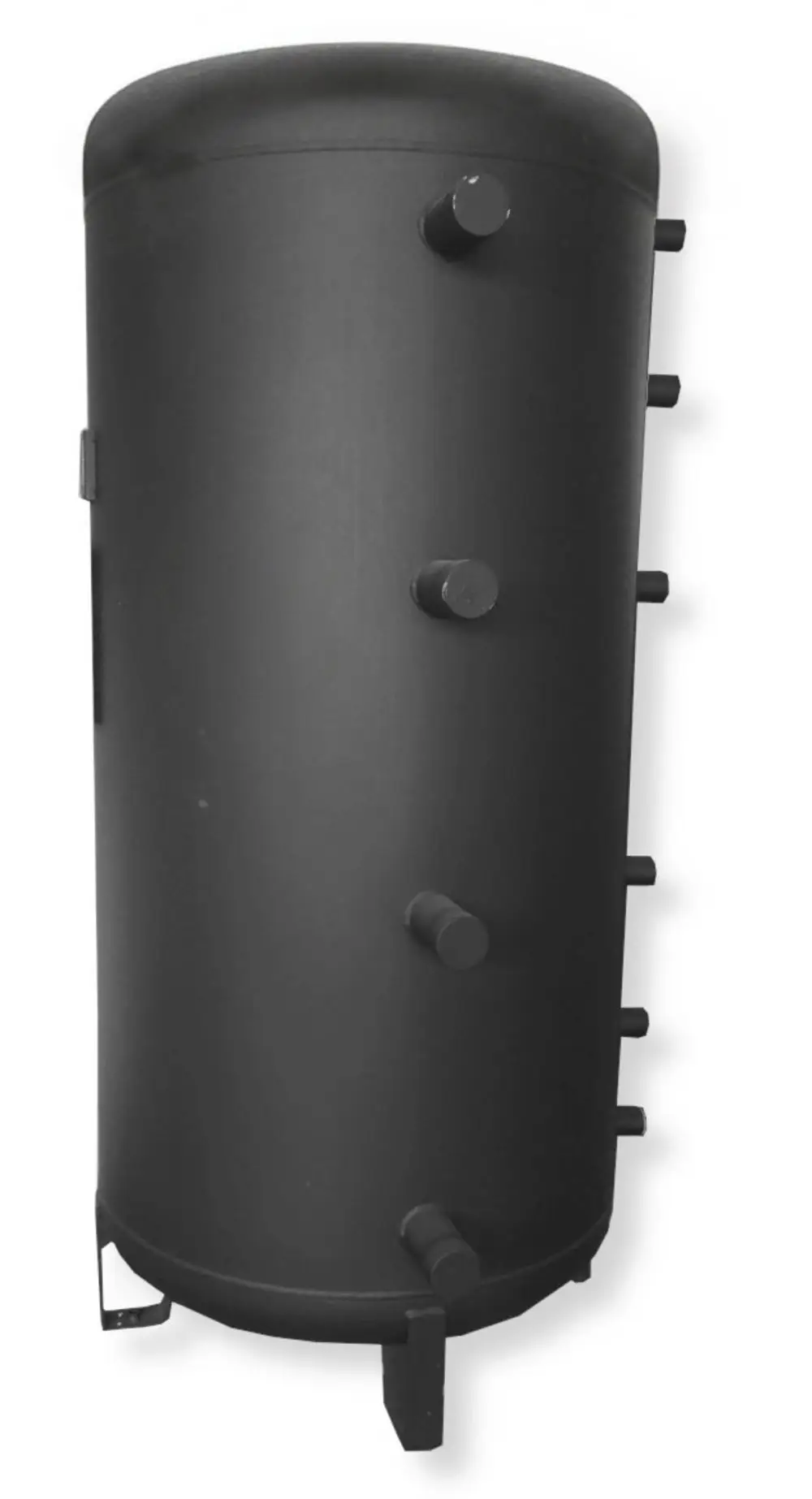 Schwarzer zylindrischer Speicher von Fröling mit mehreren seitlichen Anschlüssen. Keine Isolierung sichtbar. Steht auf einem stabilen Fuß.