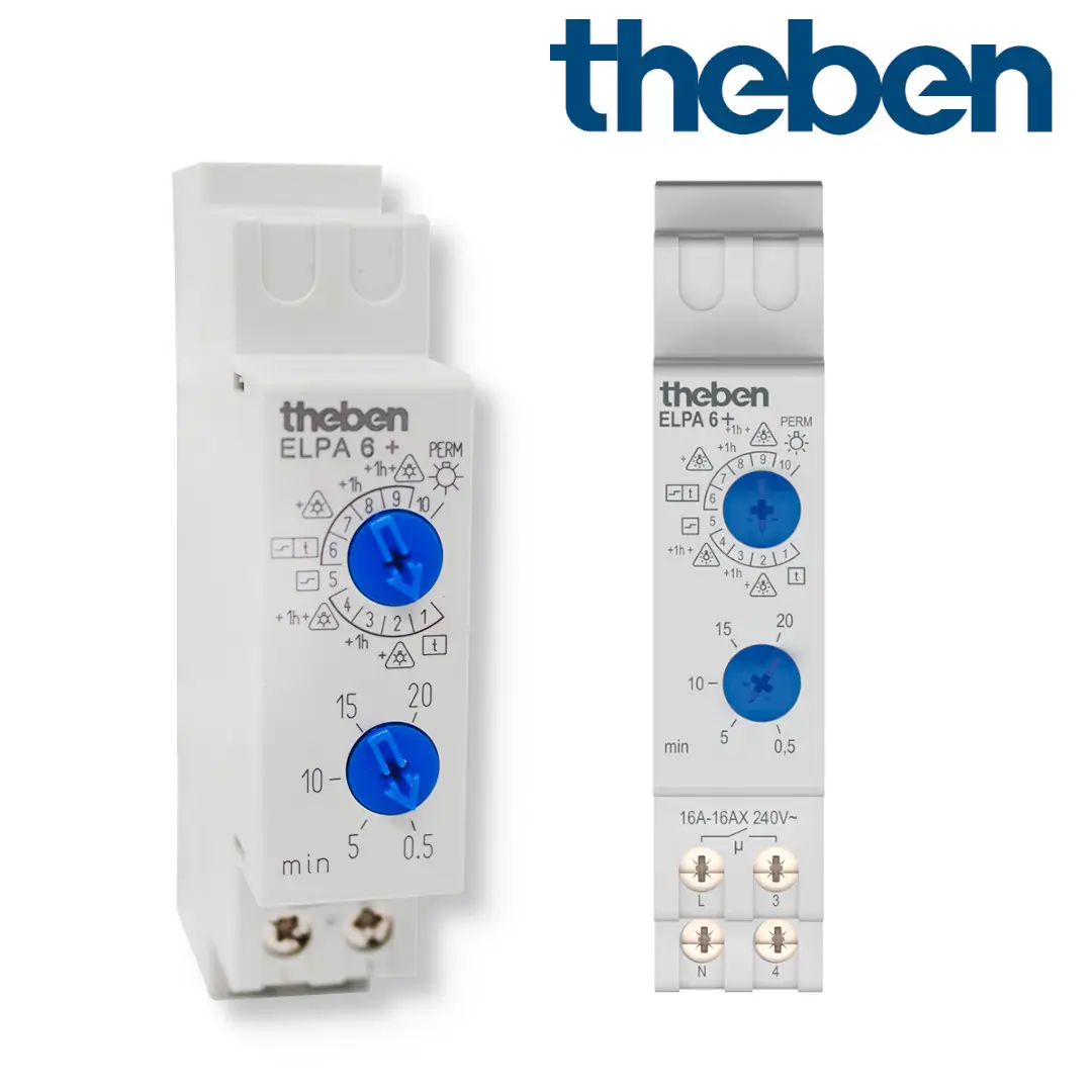Two elektronische Treppenlicht-Zeitschalter von Theben mit blauen Einstellrädern und Anschlussklemmen, ausgestattet mit mehreren Funktionen für die Timer-Einstellung.