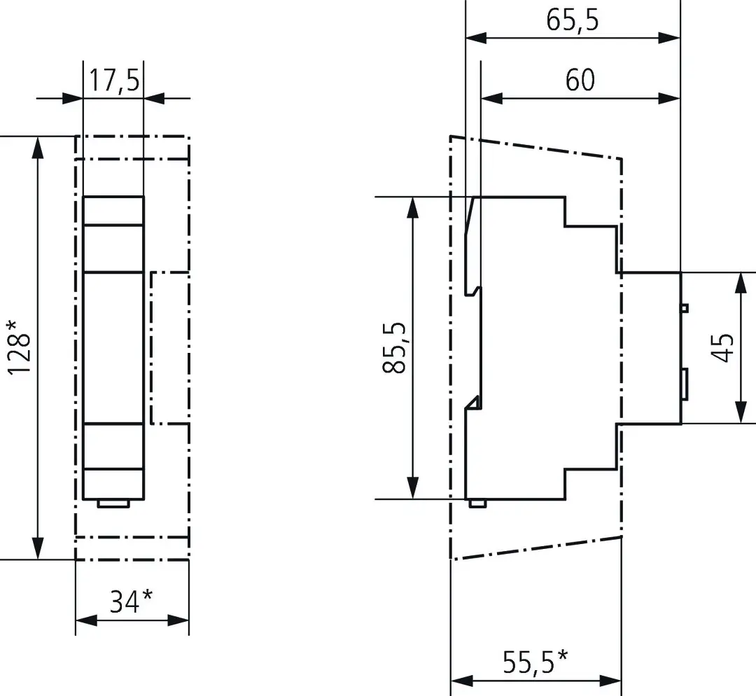 Der Schaltplan zeigt eine elektronische Steuerung von Theben mit verschiedenen Funktionen zur Zeitschaltung und Ausschalt-Vorwarnung. Maße sind im Diagramm angegeben.