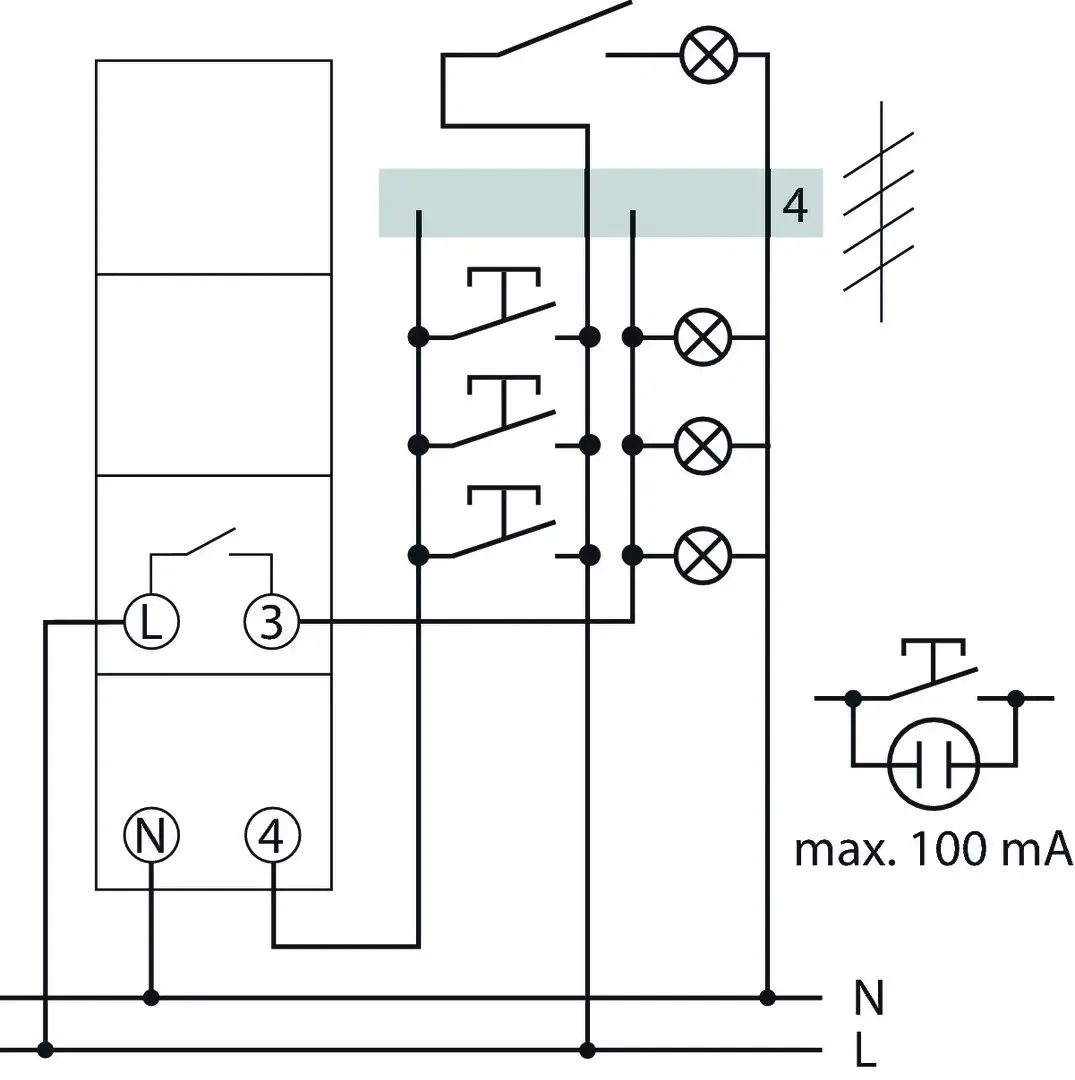 Schaltplan eines Treppenlicht-Zeitschalters von Theben mit Anschlussmöglichkeiten für verschiedene Funktionen und maximaler Last. Zeichnung zeigt Elektroinstallation und Komponenten.
