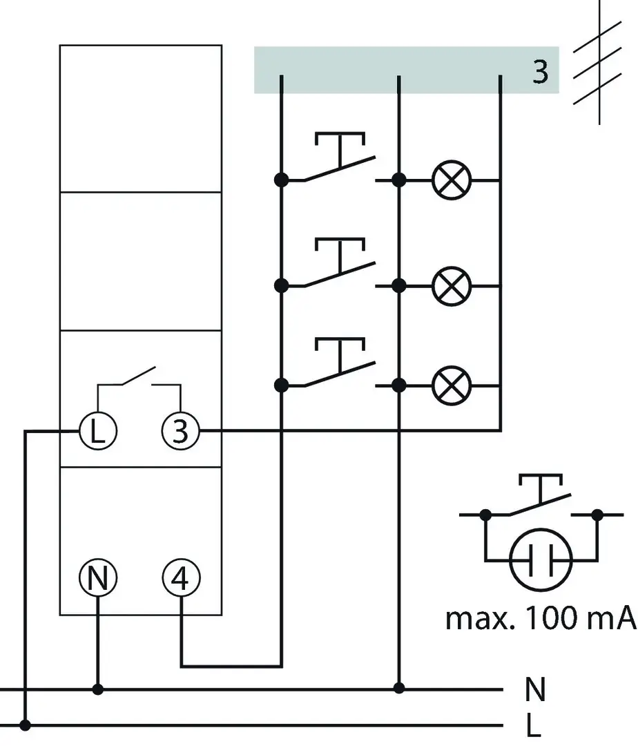 Schaltplan für einen Elektronischen Treppenlicht-Zeitschalter von Theben. Zeigt Verdrahtung für bis zu drei Lichtquellen und maximale Belastung von 100 mA.