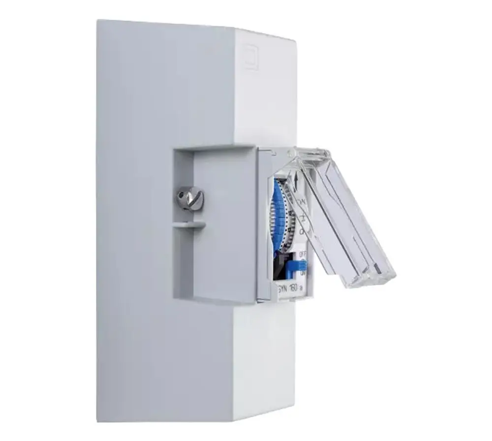 Wandmontierte Schaltstation von Theben mit transparentem Deckel und Einstellrad, zur Installation an der Wand.