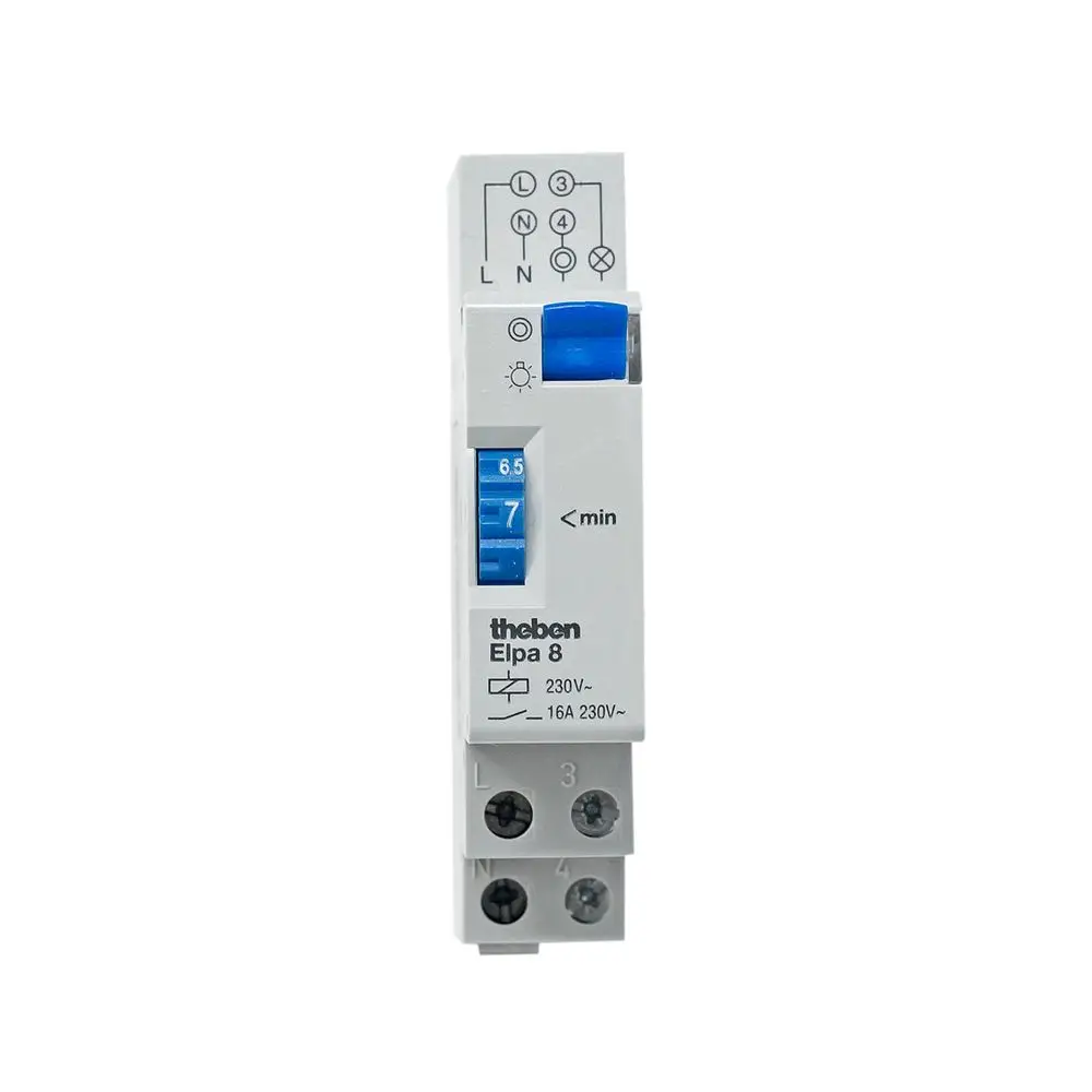Theben Treppenlicht-Zeitschalter in weißem Gehäuse mit einem Einstellregler und Anschlussklemmen. Montiert in einem elektrischen Installationssystem.