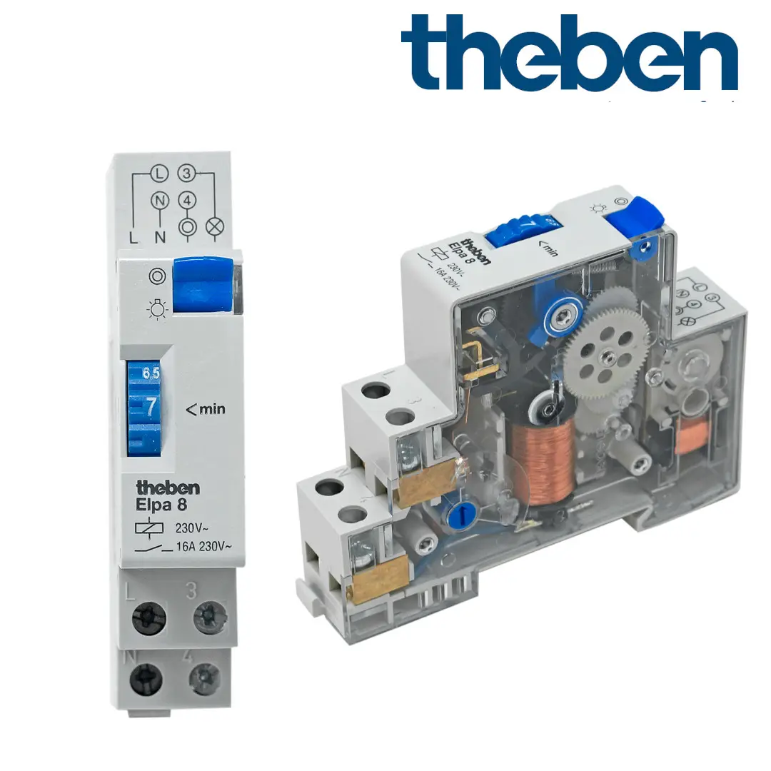 Elektromechanischer Zeitschalter von Theben mit transparentem Gehäuse. Doppelte Anschlussklemmen und Einstellknopf für den Timer sind sichtbar.