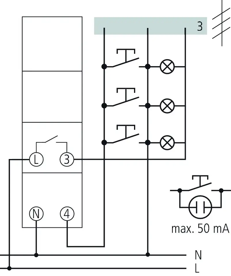 Schaltplan eines Treppenlicht-Zeitschalters von Theben. Darstellung der elektrischen Anschlussmöglichkeiten mit einem maximalen Strom von 50 mA.