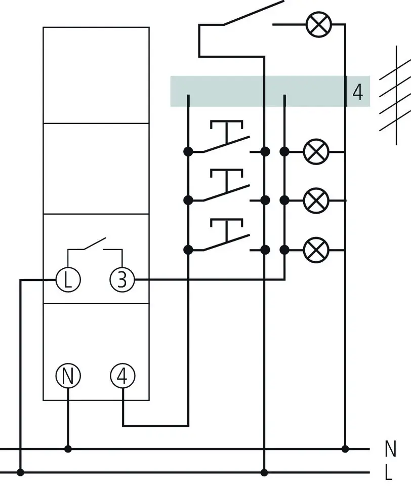 Schaltplan für einen elektromechanischen Treppenlicht-Zeitschalter, schematische Darstellung der elektrischen Verbindungen, hergestellt von Theben.
