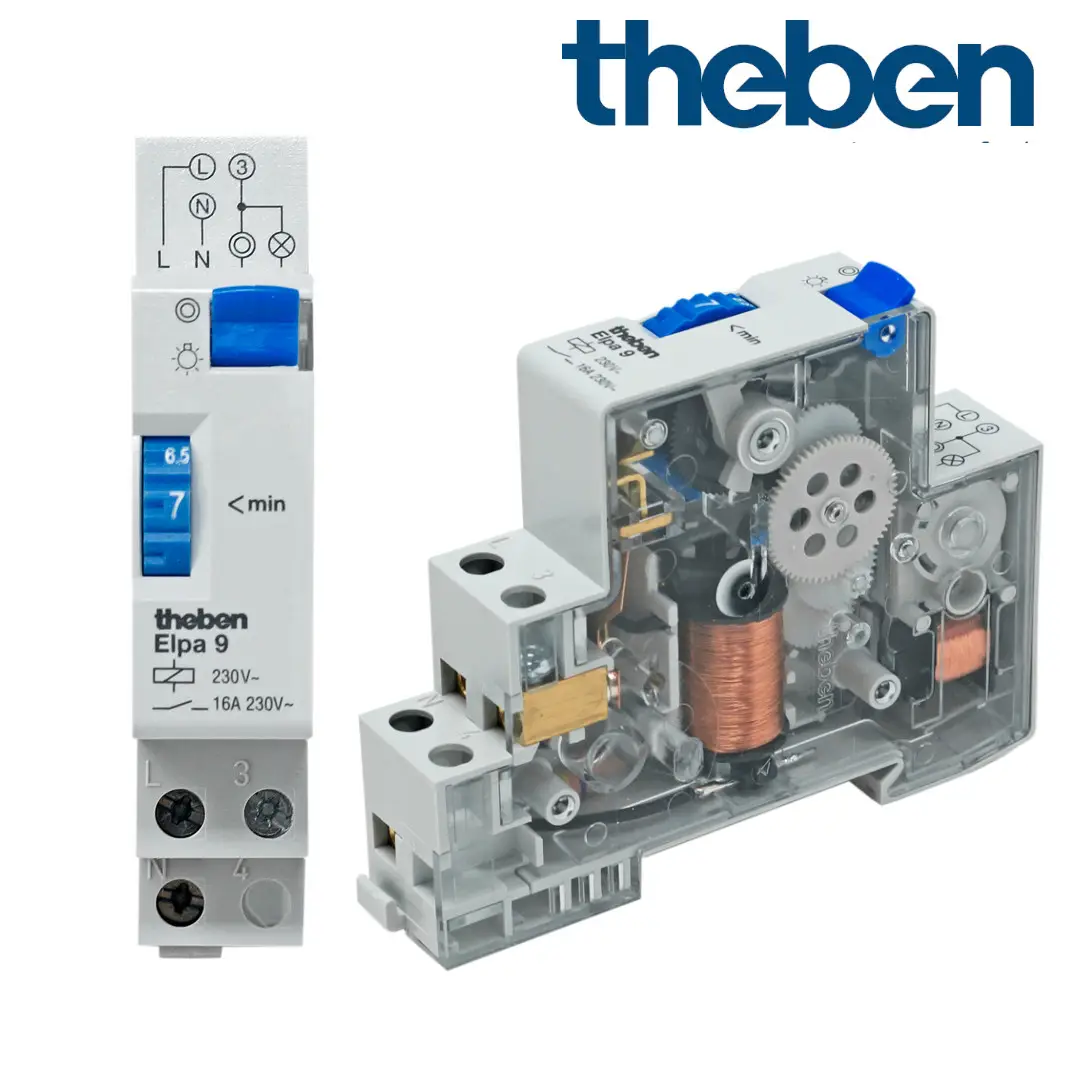 Electromechanical time switch from Theben, designed for stair lighting control, featuring a transparent housing that displays internal components and wiring terminals.